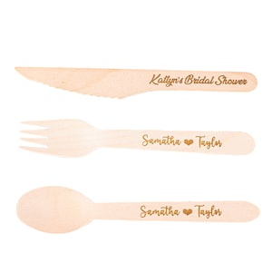 Custom Wooden Compostable Utensils Set, 300 Pieces (100 Forks 100 Spoons 100 Knives) Sturdy Wood Disposable Cutlery, Biodegradable Utensils