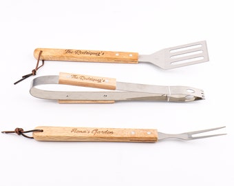 Set di utensili per barbecue in acciaio inossidabile personalizzato da 3 pezzi, accessori per griglia personalizzati per barbecue, forchetta per interni ed esterni, spatola, pinze
