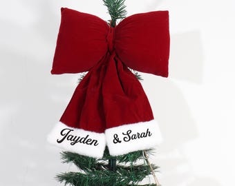 Personalized Velvet Christmas Bow, Customized Name Red Luxury Tree Topper Mantel Decor Wreath Fireplace Ties First Christmas Couple