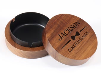 Customized Wood Ash Tray with Lid, Engraved Monogram Initial Groomsman Wedding Father of Bride Gift, Anniversary Cigar Ashtray Husband Gift