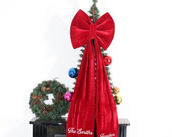Personalized Long Christmas Bow, Luxury Customized Family Name Large Red Velvet Tree Topper Decor Mantle Decoration Wreath Fireplace Tie