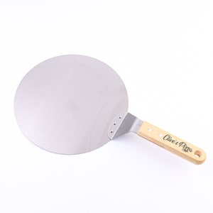 May include: A silver pizza peel with a wooden handle. The handle is engraved with the text "Clive's Pizza".