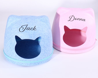 Personalized Cat Bed Pet Felt Cave House Fuzzy Pet Name Sleeping Bag with Pad Customized Name Sleeping