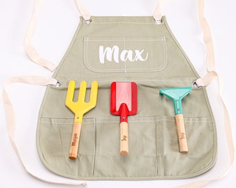 Ensemble de tablier et d'outils de jardin pour enfants personnalisé cadeau d'anniversaire pour garçons filles pelle truelle bac à sable extérieur personnalisé utilitaires de croissance gravés