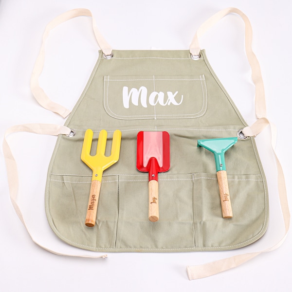 Ensemble de tablier et d'outils de jardin pour enfants personnalisé cadeau d'anniversaire pour garçons filles pelle truelle bac à sable extérieur personnalisé utilitaires de croissance gravés