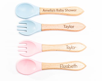 Ustensile personnalisé pour bébé en silicone, cuillère, fourchette, nom gravé, cadeau de baby shower, ensemble de couverts pour tout-petit, manche en bois, formation