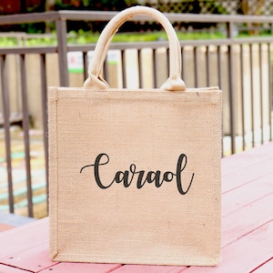 Gepersonaliseerde bruidsmeisje jute draagtas strand grote jute cadeau tas naam vrijgezellenfeest vrijgezellenfeest partij gunst rustieke chique bruiloft welkom