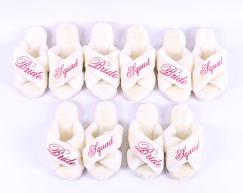 Personalized Fluffy Slipper - White Pink - Bridal Squad Your Custom Text Bachelorette Gift Foam Cozy Sleepover Bridal Shower Wedding Gift