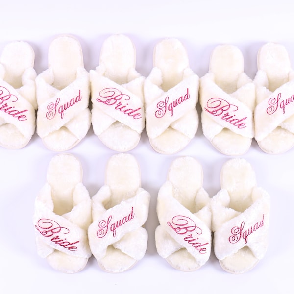 Personalized Fluffy Slipper - White Pink - Bridal Squad Your Custom Text Bachelorette Gift Foam Cozy Sleepover Bridal Shower Wedding Gift