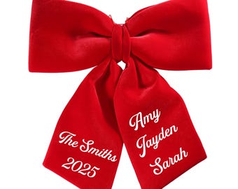 Personalized Christmas Bow, Customized Family Name Red Velvet Luxury Tree Topper Decor Wreath Ornament Fireplace  Christmas Coquette