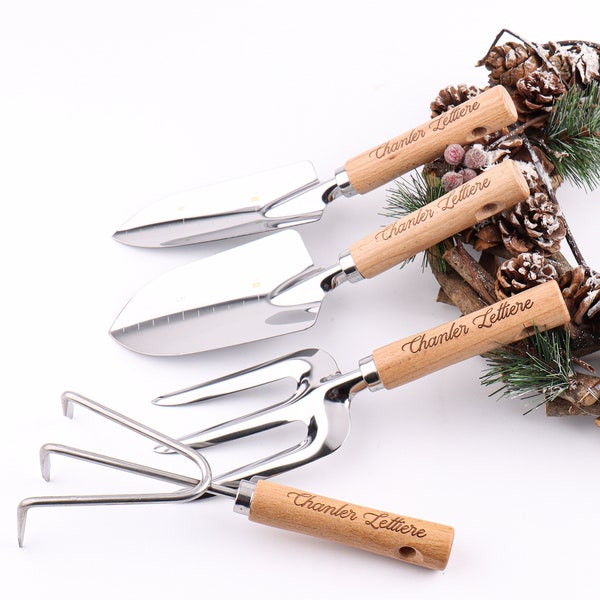 Ensemble d'outils à main de jardin personnalisé avec manche en bois, kit de travail de jardin en acier inoxydable avec manche ergonomique en bois massif, coffret cadeau