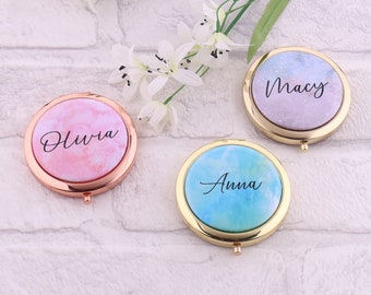 Personalized Watercolor Pocket Mirror Your Custom Name Pink Bachelorette Party Gift Makeup Compact Mother Birthday Salon Gift for Women