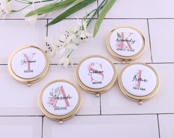 Personalized Alphabet Gold Compact Mirror for Woman Name Initial Floral Monogram Bridesmaid Bachelorette Makeup Pocket Mirror Birthday Gift