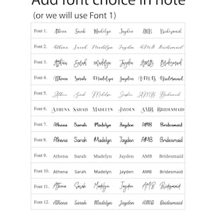 May include: A chart showing 12 different font styles for names. The names Athena, Sarah, Madelyn, Jayden, AMB, and Bridesmaid are written in each font style.