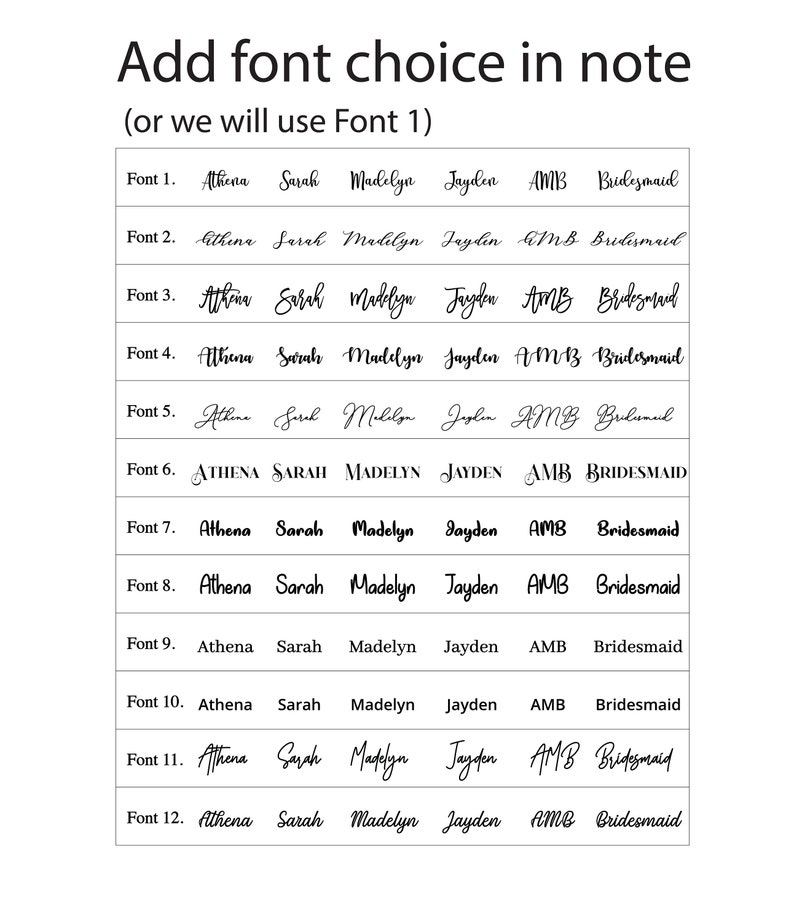 May include: A chart showing 12 different font styles for names. The names Athena, Sarah, Madelyn, Jayden, AMB, and Bridesmaid are written in each font style.