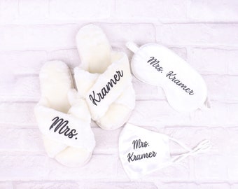 Personalized Bride Bridesmaid Set - Plush Slipper Future Mrs Honeymoon Bachelorette Eye Mask Sleepover SPA Luxury Wedding Proposal Gift Kids