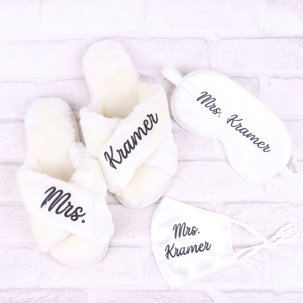 Personalized Bride Bridesmaid Set - Plush Slipper Future Mrs Honeymoon Bachelorette Eye Mask Sleepover SPA Luxury Wedding Proposal Gift Kids