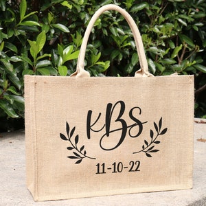 Monogram Bruidsmeisje Jute Tote Bag Strand Grote Jute Gepersonaliseerde Gift Bag Naam Initial Bachelorette Bruidsfeest Gunst Bruiloft Welkom
