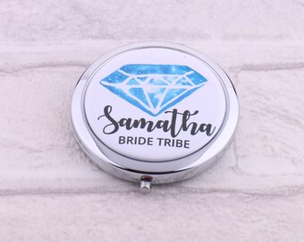 Customized Compact Mirror Bride Tribe Your Name Watercolor Blue Diamond Bachelorette Hen Party Gift Beauty Makeup Silver Gold Gift