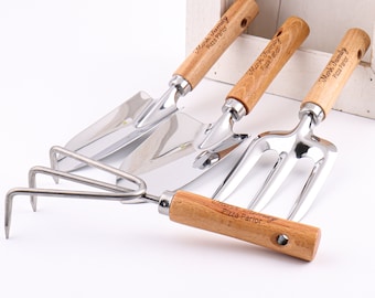 Ensemble d'outils de jardinage personnalisé, 4 x kit de jardinage robuste en acier inoxydable comprenant une truelle de transplantation, une truelle de bêchage, un râteau, une fourchette