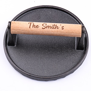 Personalized Burger Press, Meat Press with Wood Handle, Heavy-Duty Cast Iron Smash Bacon Press Meat Steak with Wood Handle for Griddle