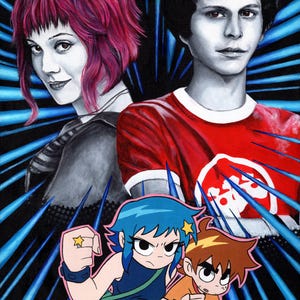 May include: Illustration featuring characters from a comic book or movie. The artwork depicts two figures in the background and three in the foreground. The background has blue lines radiating from the center. The characters have distinct hairstyles and clothing.
