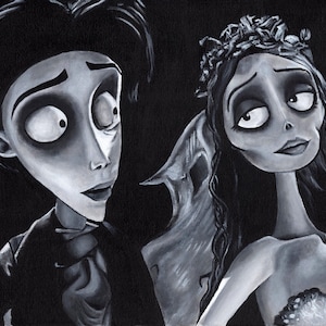 May include: Black and white illustration of two characters from the animated film "Corpse Bride." The male character is wearing a suit and the female character is wearing a wedding dress and veil. Both characters have pale skin and large eyes.