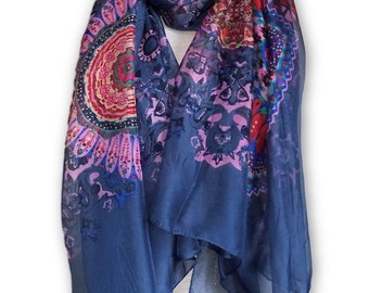 Large Silk Shawl Blue  Scarf Handmade Silk Scarf Gift For Friend Silk Gift For Her Bikini Silk Wrap