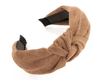 Diadema de nudo con aspecto de cordón marrón, ancha, 6 cm, trenzada, para mujer.