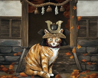 Samurai Cat Postcard – Japanese Seasonal Art Print