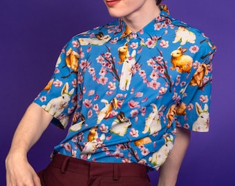 Sakura Bunnies – Artist Button Up Shirt featuring Cherry Blossoms and Kawaii Animals. Cotton Viscose Blend