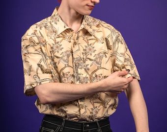 Ukiyo-E Birds – Artist Button Up Shirt featuring Japanese Woodblock Print Birds. Cotton Viscose Blend