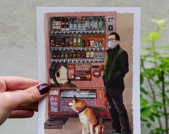 Impression de carte postale de distributeur automatique japonais - Oeuvre de Shiba Inu