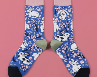 Sakura Bunnies – Cotton Artist Socks featuring Rabbits and Cherry Blossoms