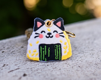 Onigiri Cat – Embroidered Keychain Charm