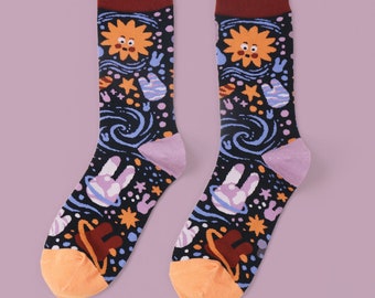 Galaxy Bunnies – Cotton Artist Socks featuring Planets, Stars and Rabbits!