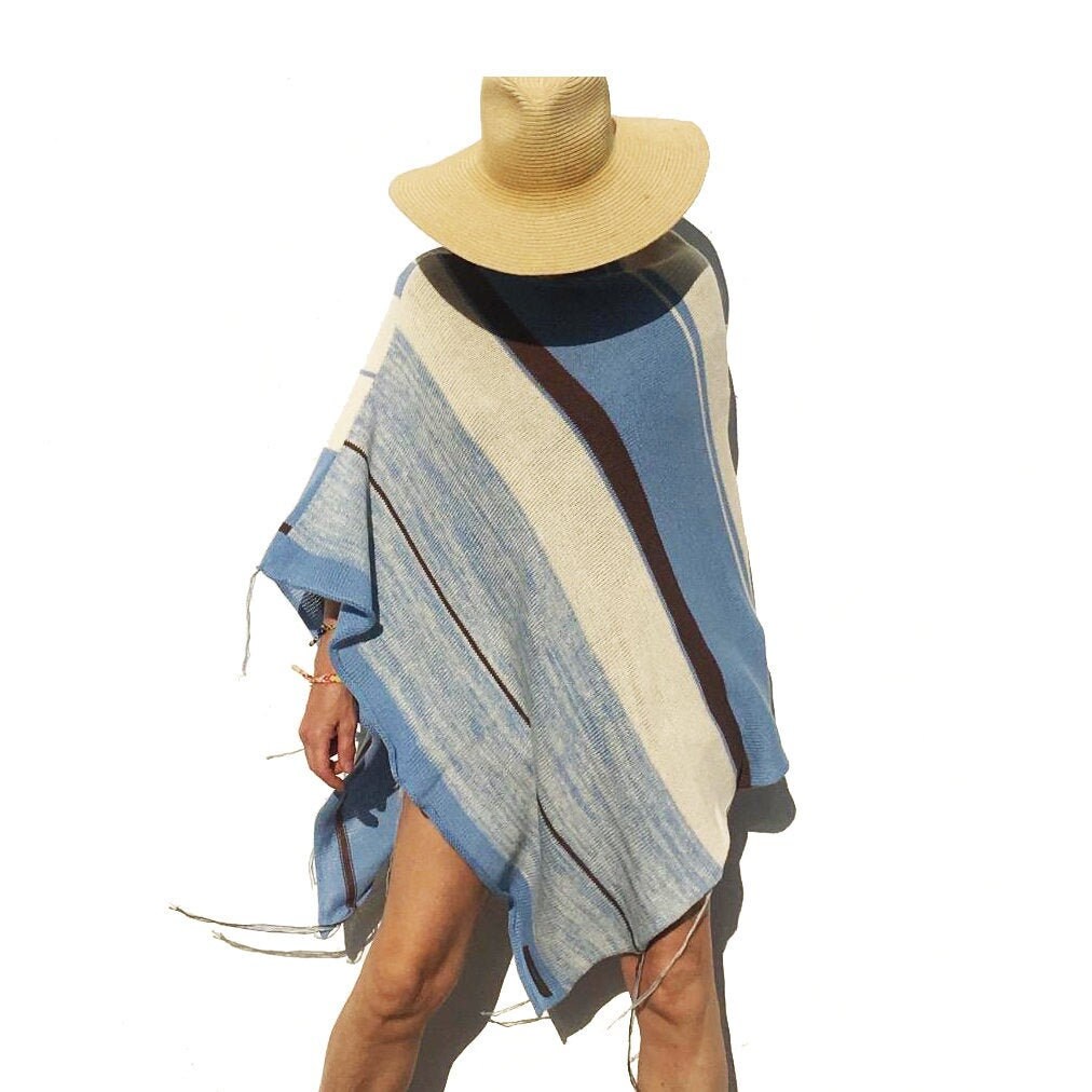 Knit Poncho In Soft Extra Fine Cotton Blue Cream Women Etsy