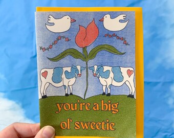 Big Ol' Sweetie Valentine's Day Card, Cow Art, Folk Design