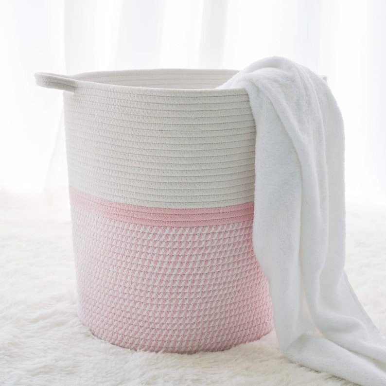 Large Woven Jute Rope Laundry Basket Natural Storage Planter Pot Plant Laundry Hamper Picnic Handles Gift Tall Soft White Pink Girl Baby Toy