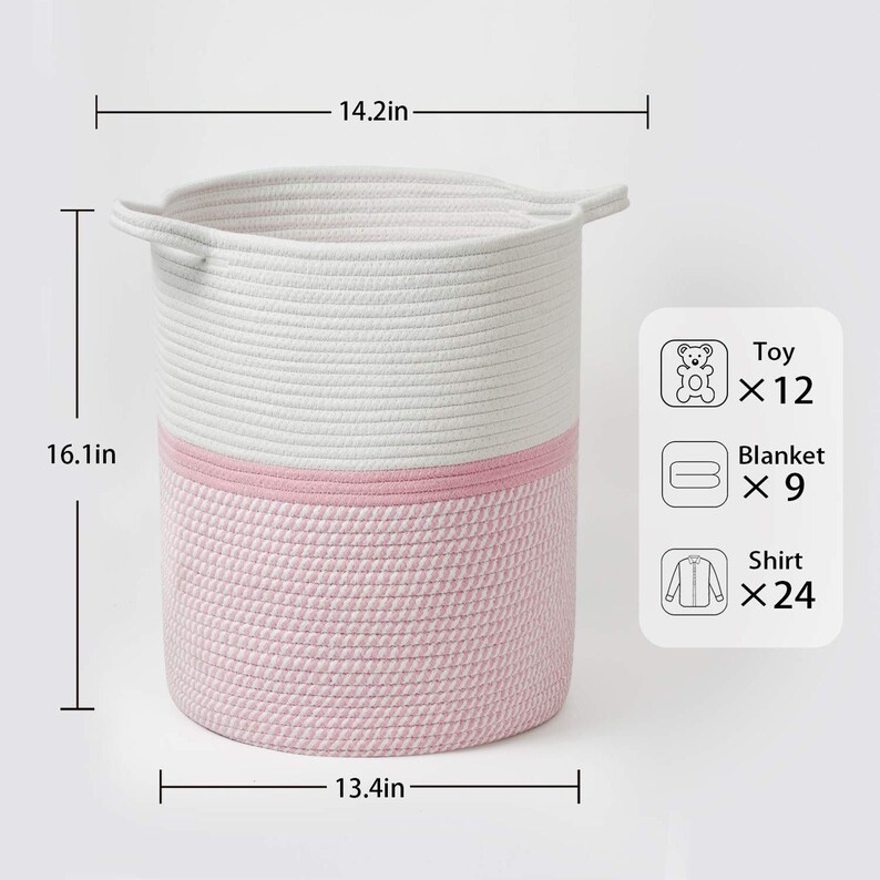 Large Woven Jute Rope Laundry Basket Natural Storage Planter Pot Plant Laundry Hamper Picnic Handles Gift Tall Soft White Pink Girl Baby Toy