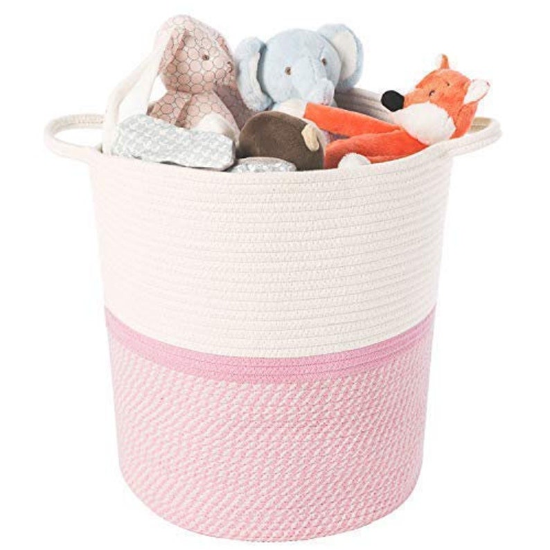 Large Woven Jute Rope Laundry Basket Natural Storage Planter Pot Plant Laundry Hamper Picnic Handles Gift Tall Soft White Pink Girl Baby Toy