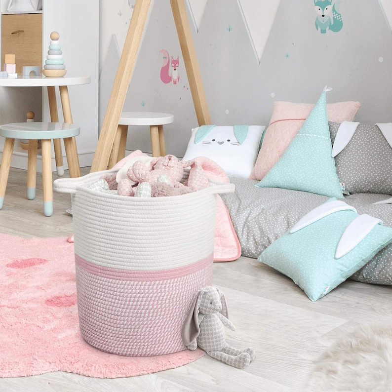 Large Woven Jute Rope Laundry Basket Natural Storage Planter Pot Plant Laundry Hamper Picnic Handles Gift Tall Soft White Pink Girl Baby Toy