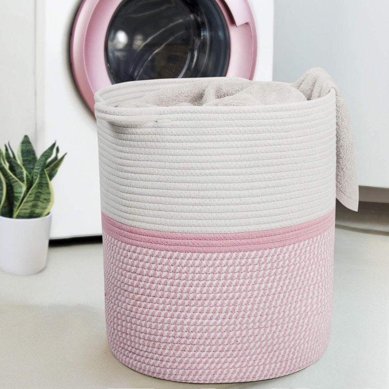 Large Woven Jute Rope Laundry Basket Natural Storage Planter Pot Plant Laundry Hamper Picnic Handles Gift Tall Soft White Pink Girl Baby Toy