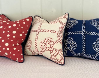 Set of three 17" Nautical Throw Pillow Covers, Duralee Red White and Blue