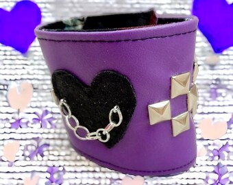 Gothic Purple handmade Leatherette Stud and chain Cuff - bracelet - ladies Jewelry -Womans Fashion - heart bracelet