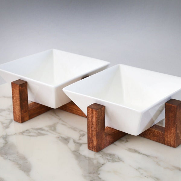 Mid Century Modern Dog Cat & Pet Bowl Feeding Station with Stand | Raised Elevated Feeder | Square Water Bowls Dish Set