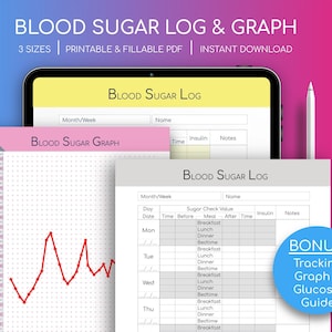 Druckbares Blood Sugar Glucose Log Book Graph Tracker Journal Planner Monitor Diabetes Management Diabetiker A4 A5 Letter Size Editierbar PDF
