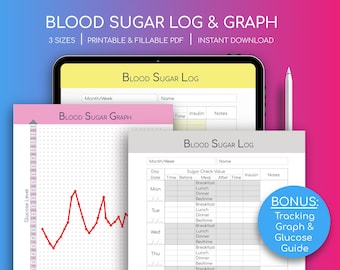 Printable Blood Sugar Glucose Log Book Graph Tracker Journal Planner Monitor Diabetes Management Diabetic A4 A5 Letter Size Editable PDF