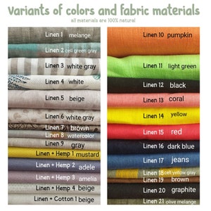 May include: A chart showing 21 different colors and fabric materials for linen and linen blends. The colors include melange, cell green gray, white gray, white, beige, brown, watercolor, gray, mustard, adele, amelia, pumpkin, light green, black, coral, yellow, red, dark blue, jeans, cell yellow gray, brown, graphite, and olive melange.