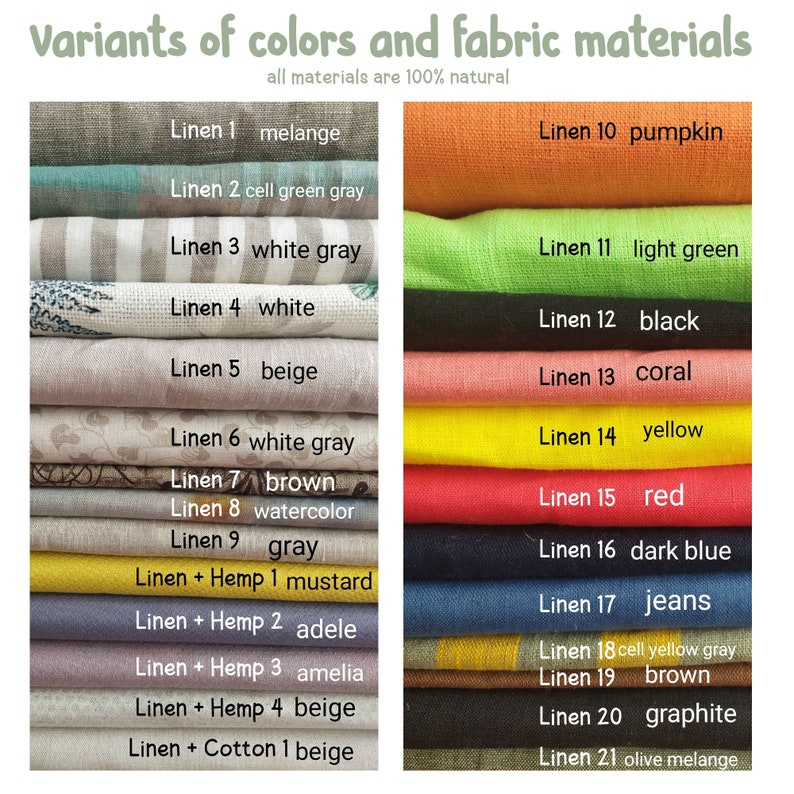 May include: A chart showing 21 different colors and fabric materials for linen and linen blends. The colors include melange, cell green gray, white gray, white, beige, brown, watercolor, gray, mustard, adele, amelia, pumpkin, light green, black, coral, yellow, red, dark blue, jeans, cell yellow gray, brown, graphite, and olive melange.